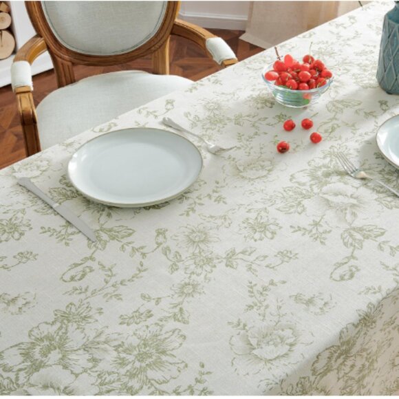Linen Table Cloth Olive Green Floral Toile on Beige 53 x 69 Rectangle Tablecloth - Picture 7 of 9